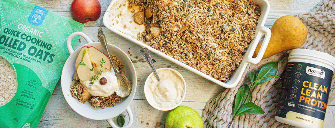 pear and apple breakfast crumble made with wholesome ingredients from healthpost