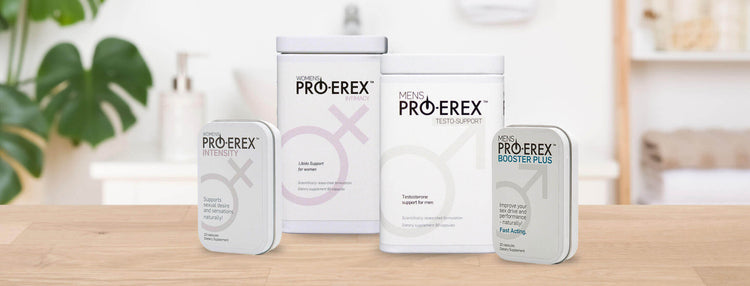 A display of products on a beige surface. 