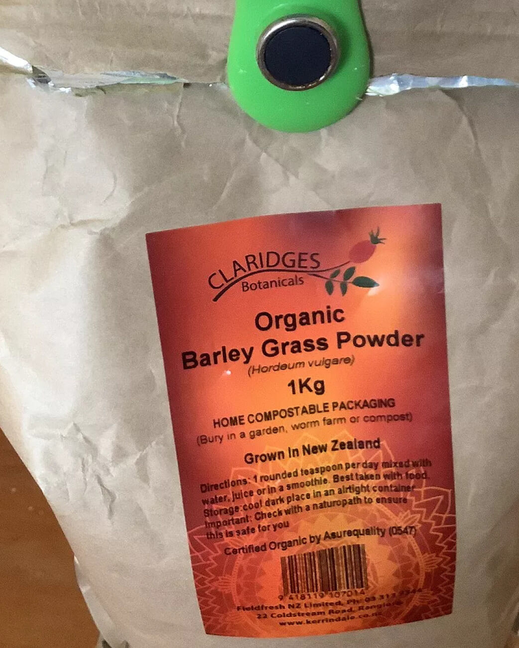 Bag of Claridges Botanicals Organic Barley Grass Powder with a label on a white background