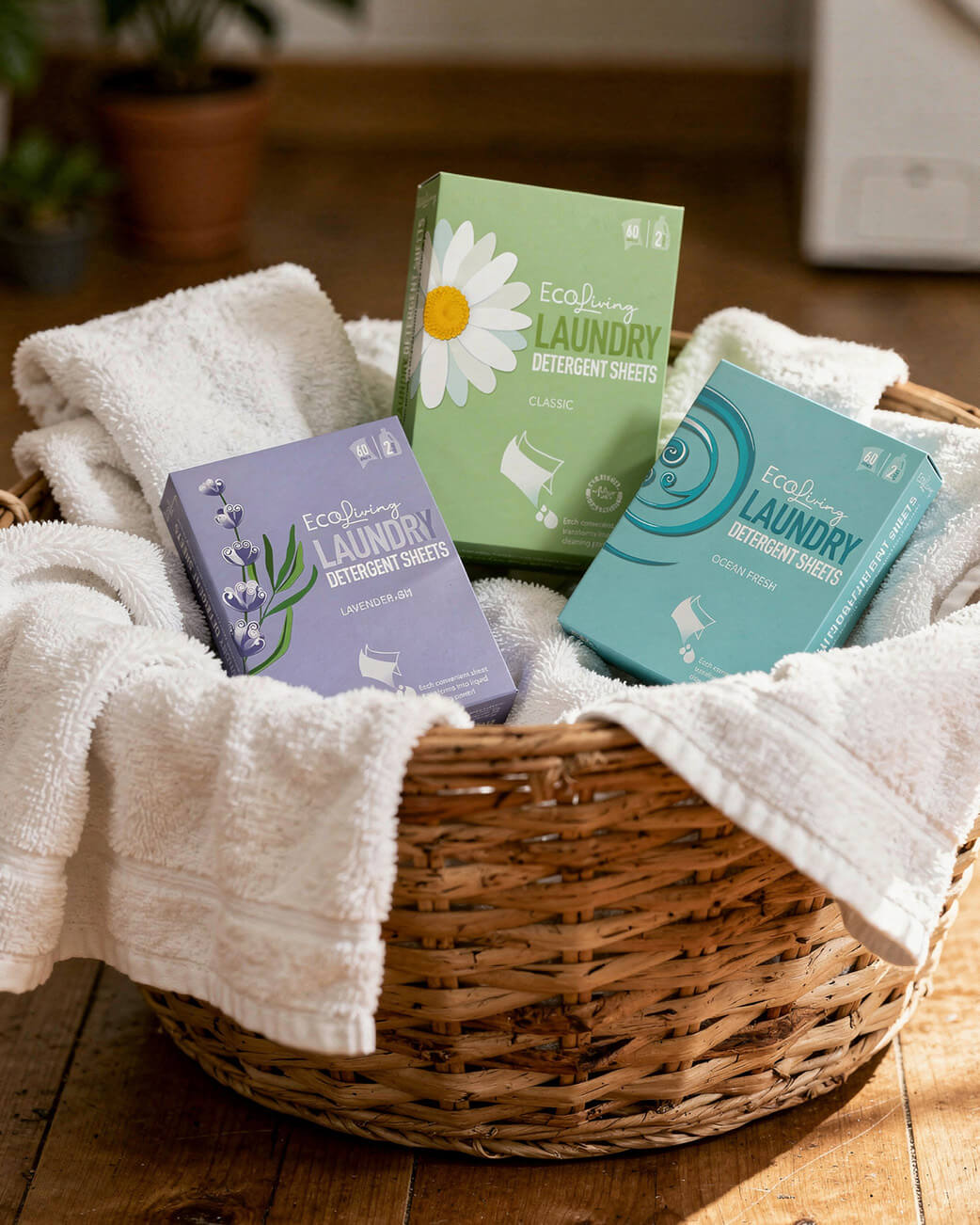 Basket with laundry detergent sheets and cleaning products on a wooden floor.