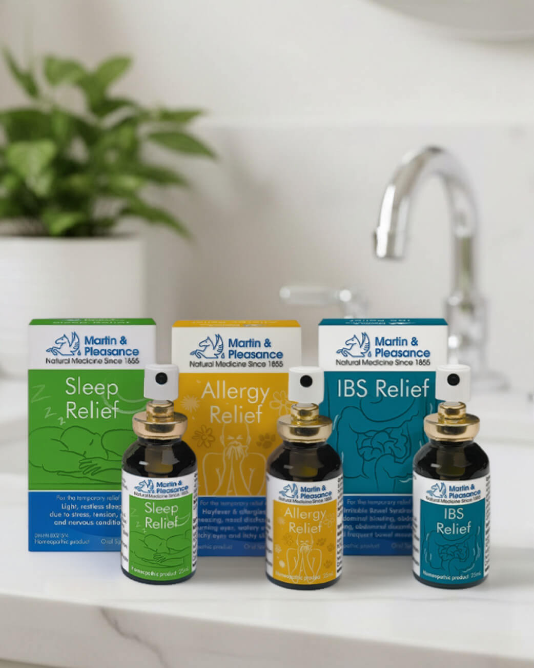 Three bottles of Martin & Pleasance natural remedies on a bathroom counter with packaging.