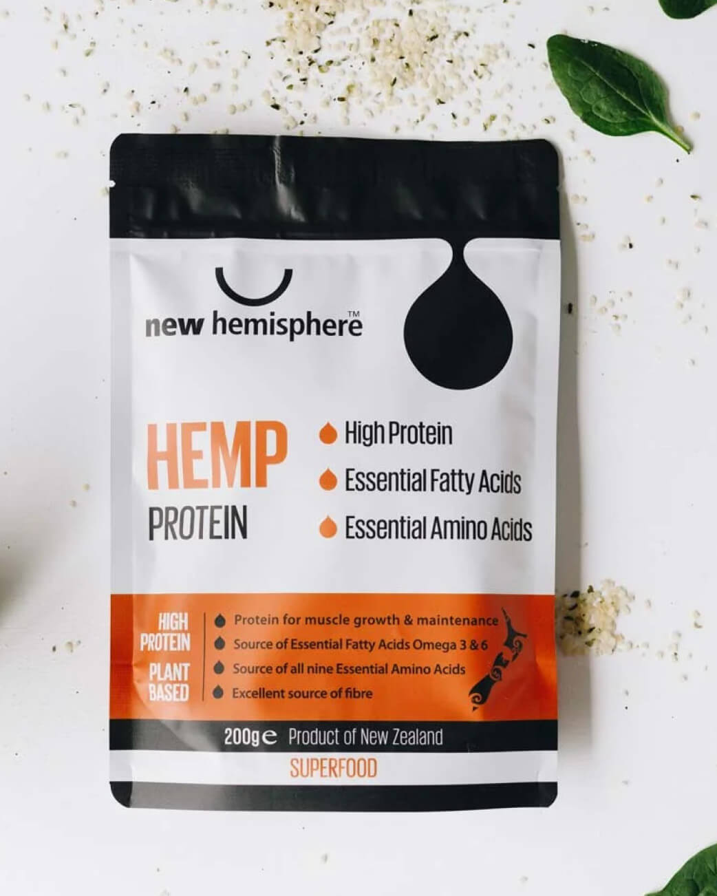 Package of New Hemisphere Hemp Protein on a light background.