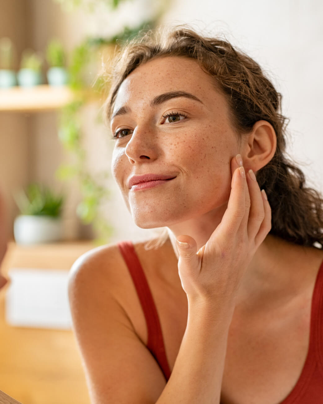 Woman in a red tank top touching her face in a softly lit room with plants in the background.