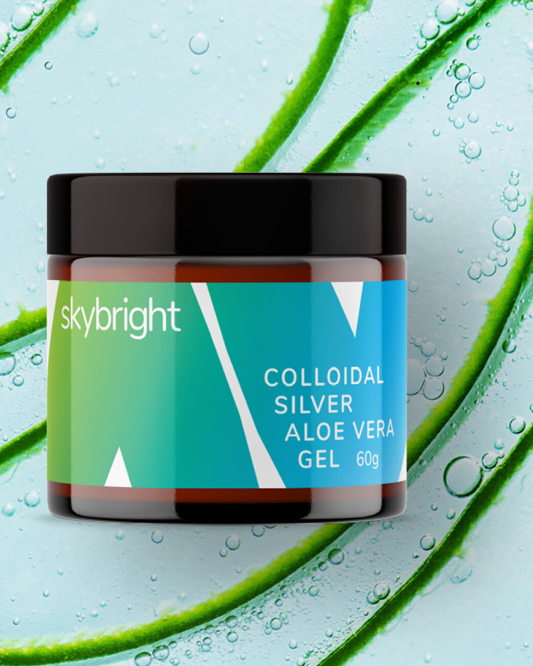 Jar of colloidal silver aloe vera gel with 'skybright' branding on a green and blue background.