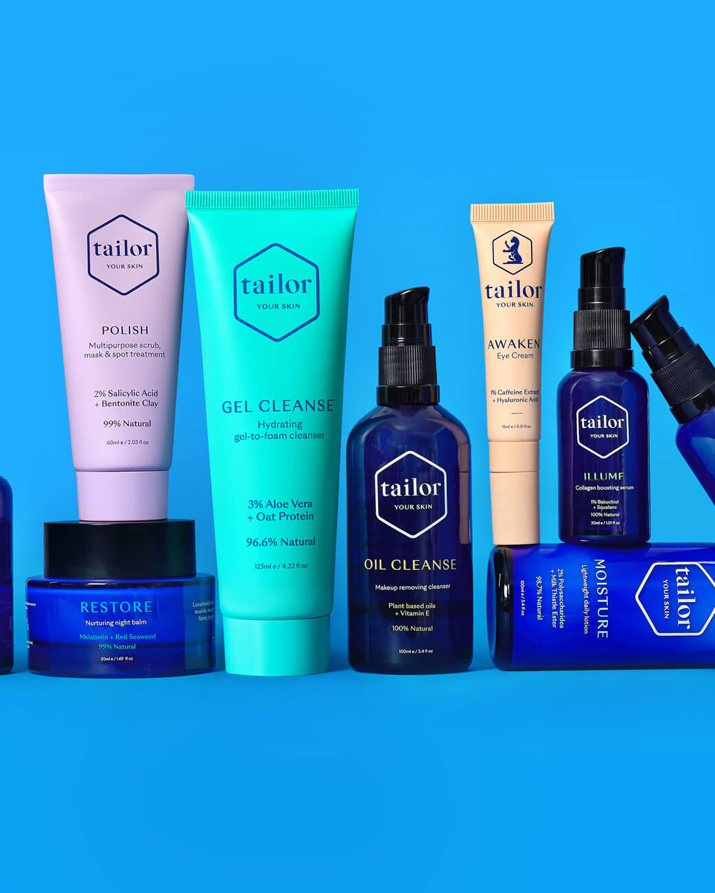 Collection of Tailor Skincare products on a blue background.