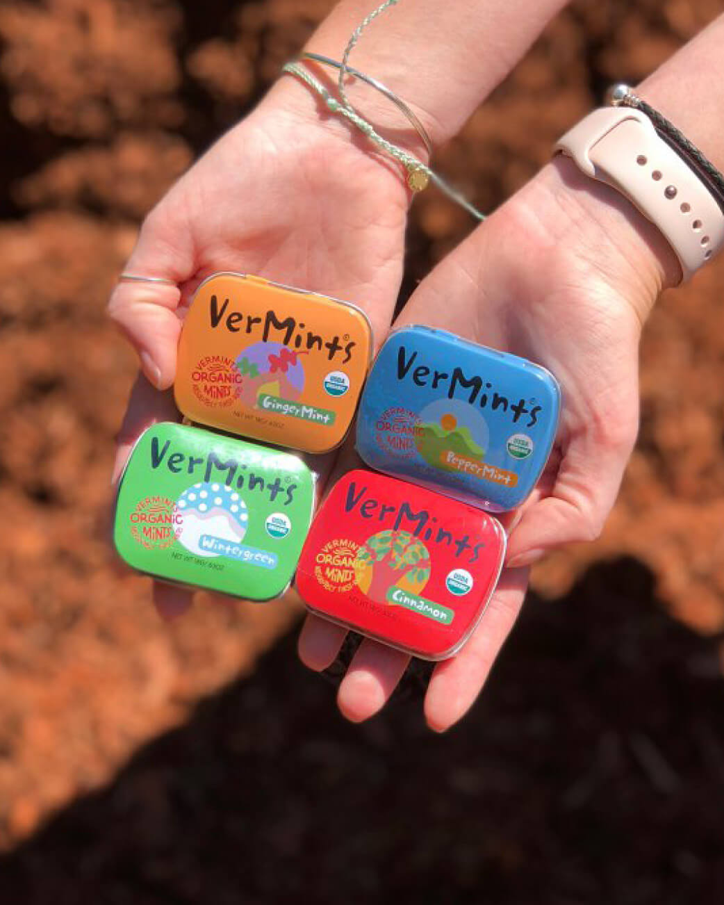 Four colorful tins of VerMints held in a person's hands against a natural background.