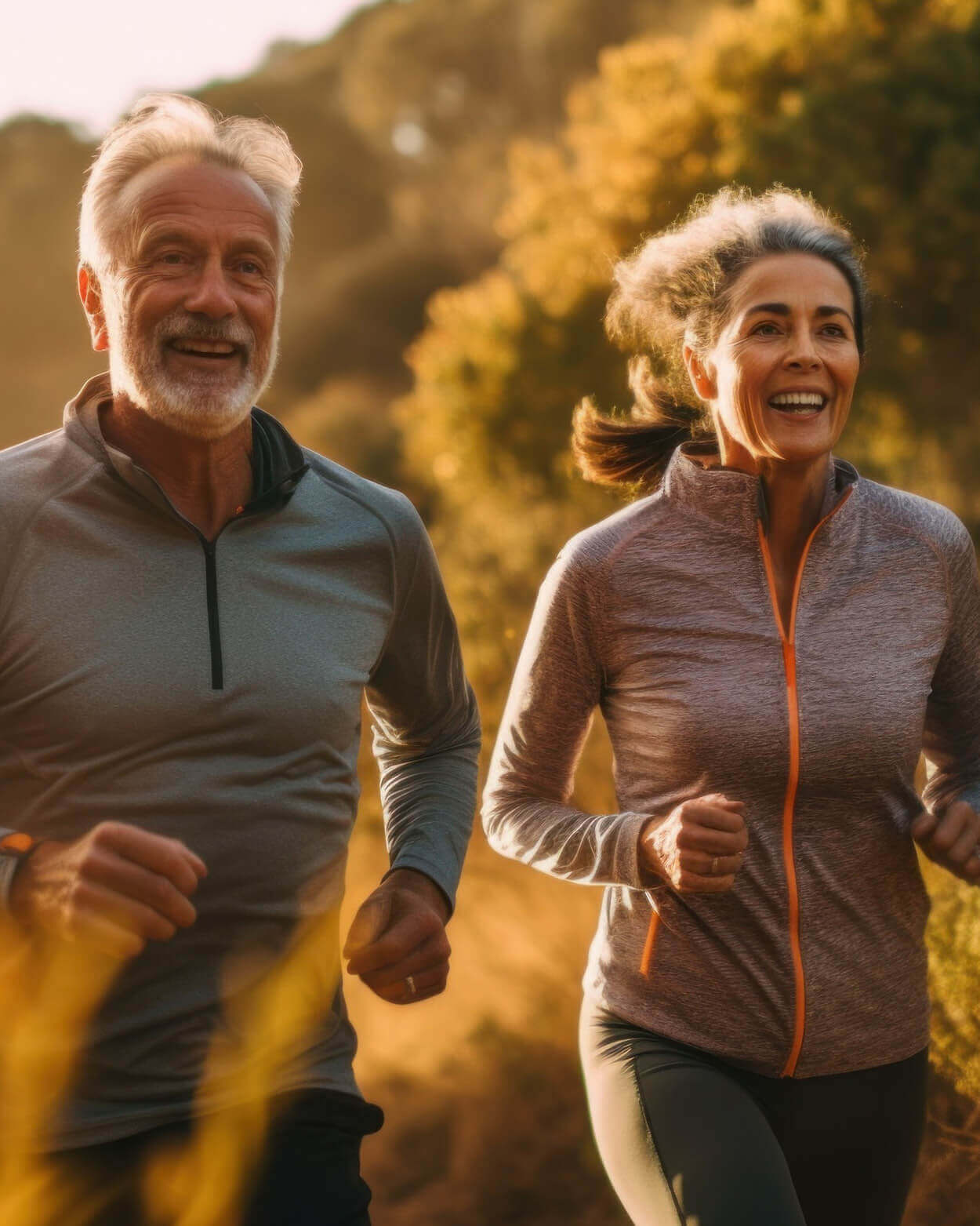 Two people running outdoors in a natural setting with trees and sunlight.