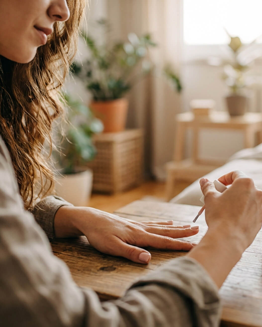 Woman with long brown hair applying nail polish against a blurred background with plants.