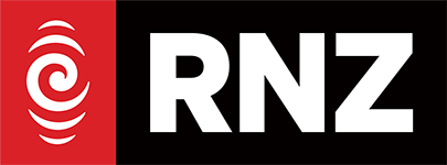 RNZ logo showing a white spiral emblem on a red square next to the letters RNZ in bold white capitals on a black rectangle, for Radio New Zealand