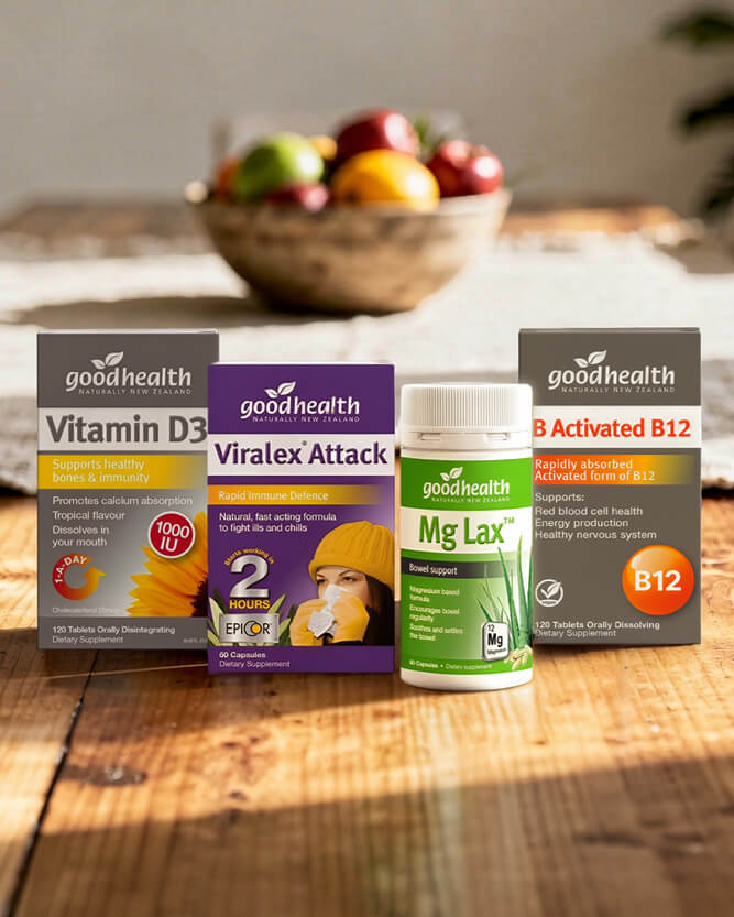 Goodhealth vitamin and supplement packages on a wooden surface with fruits in the background