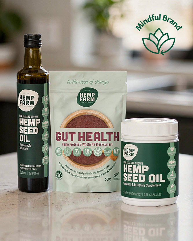 Hemp Farm products including oil, protein powder, and capsules on a kitchen counter.