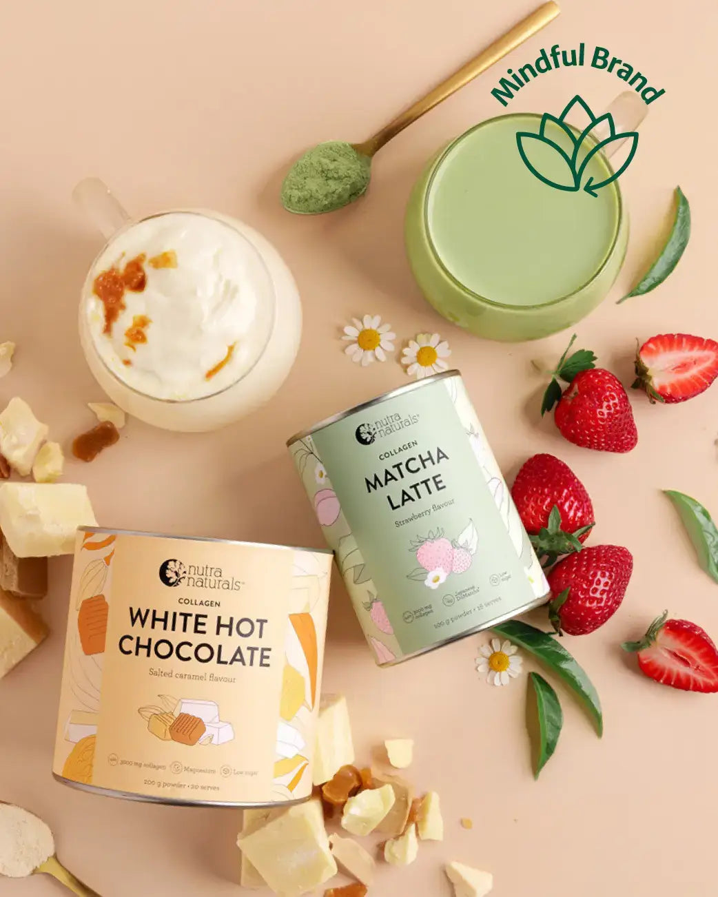Matcha latte and white hot chocolate packaging with strawberries and white chocolate on a beige background, featuring the Mindful Brand logo.