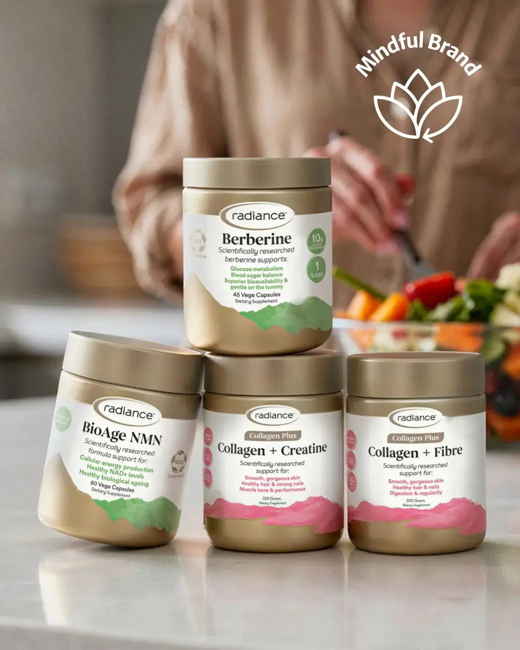 Radiance supplement containers with a blurred background of a person eating salad.