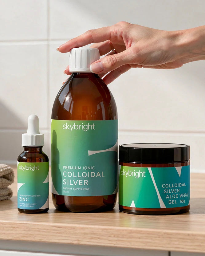 3 Skybright products lined up on a benchtop.