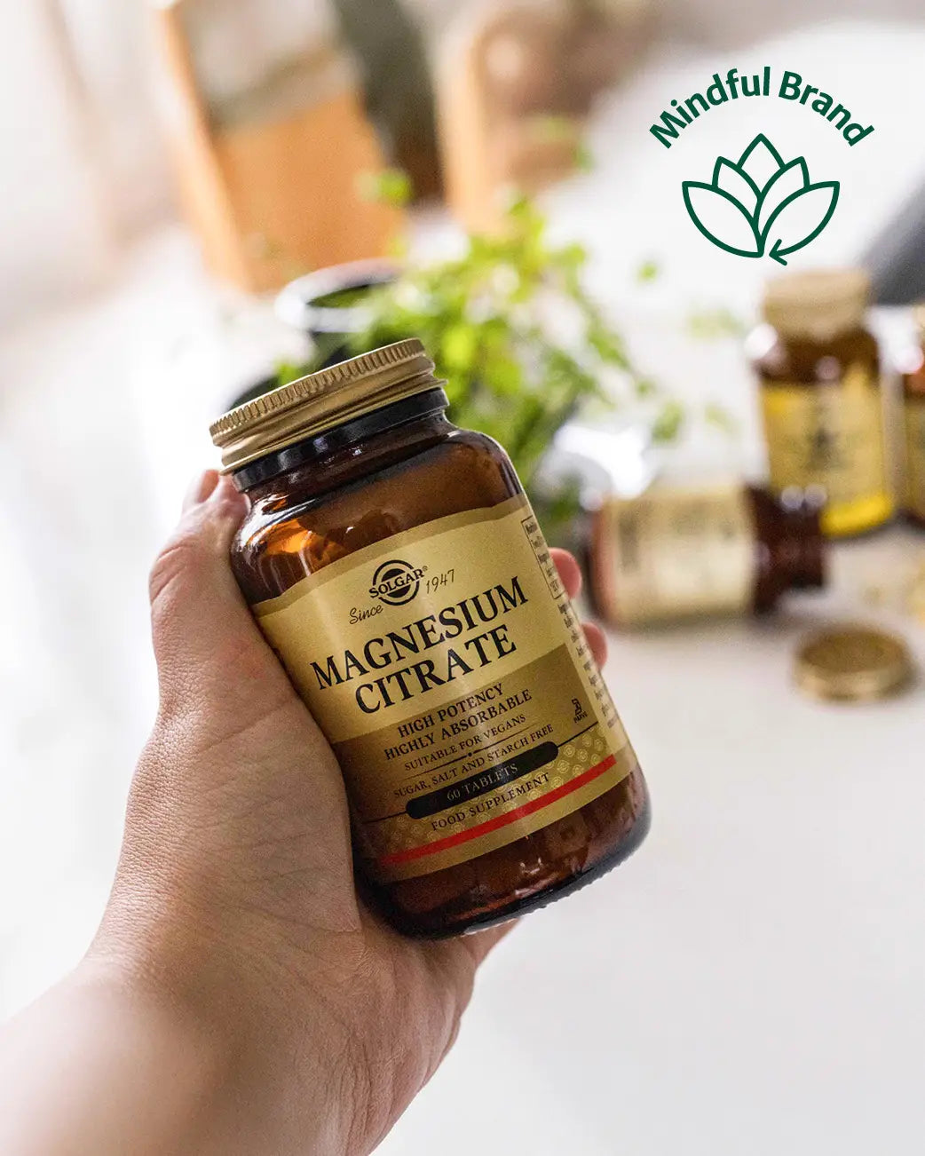 A hand holds a bottle of Magnesium Citrate supplements from Solgar. The amber glass bottle has a gold cap and label with black text.