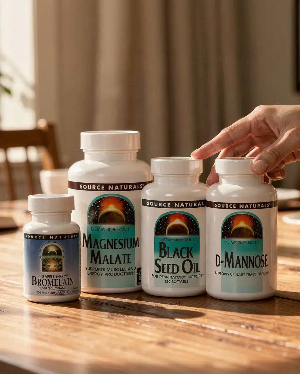 Five Source Naturals supplement bottles on a wooden table with a hand reaching for one of them.