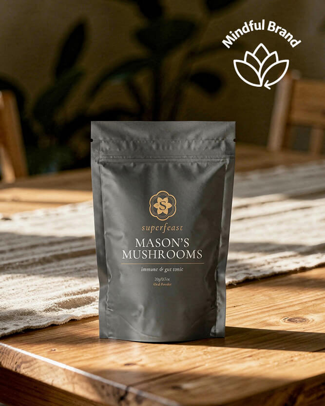 Mason's Mushrooms package on a wooden table with 'Mindful Brand' logo.