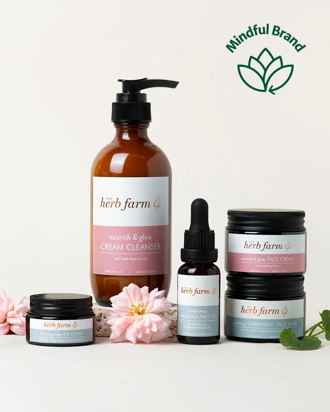 A skincare set from herb farm featuring a large amber bottle of cream cleanser, a dropper bottle of serum, two face creams, and a small jar, styled with pink flowers on a light background with a 'Mindful Brand' logo in the top right.