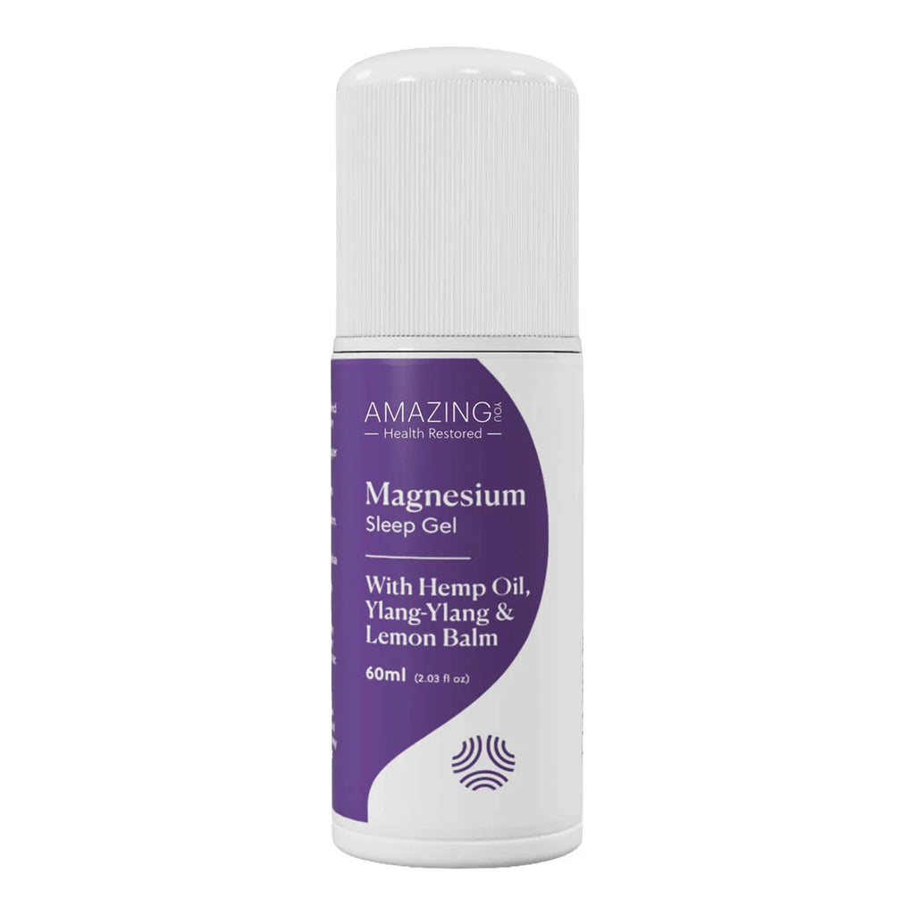 Bottle of Amazing Magnesium Sleep Gel with Hemp Oil, Ylang-Ylang & Lemon Balm on a white background