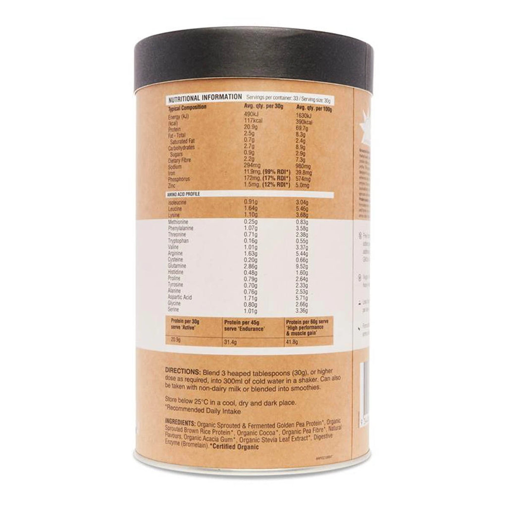 Nutritional information label of Amazonia Raw Protein Isolate - Coconut & Cacao.