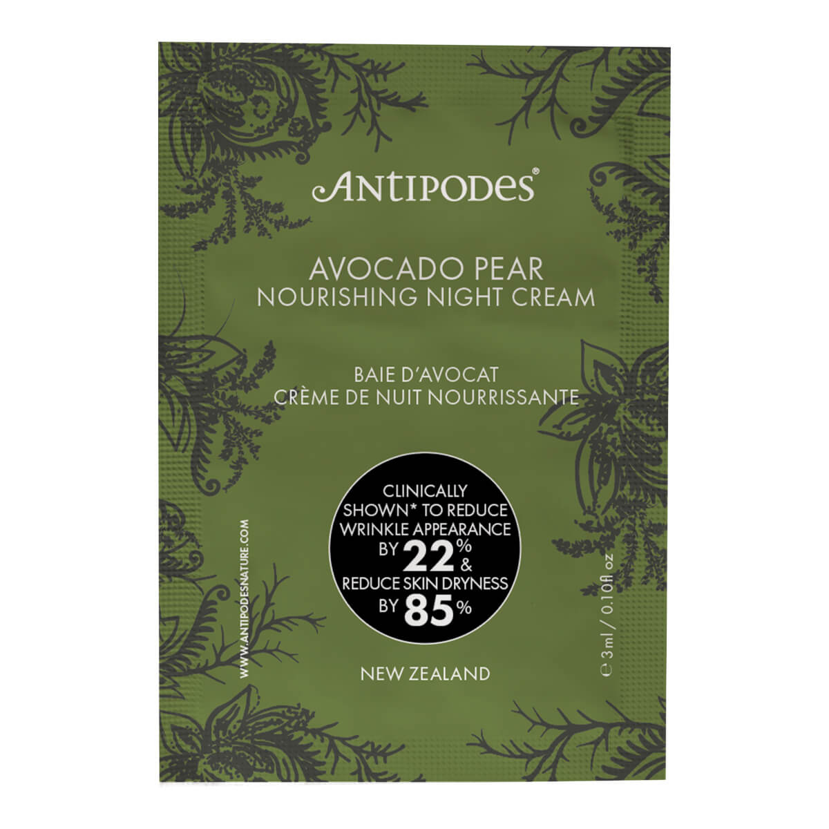 A single Antipodes Avocado Pear Nourishing Night Cream sachet on a plain white background. The sachet is olive green with dark green botanical leaf patterns, white text, and a black circular clinical results badge.