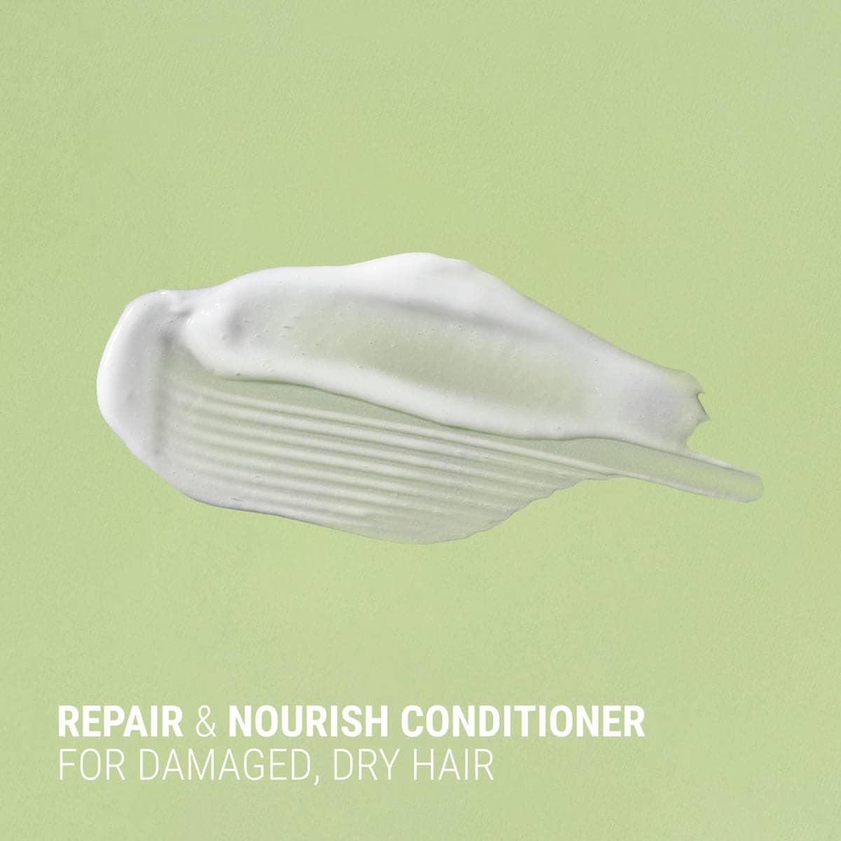 White conditioner sample on a light green background with text 'Repair & Nourish Conditioner for Damaged, Dry Hair'.