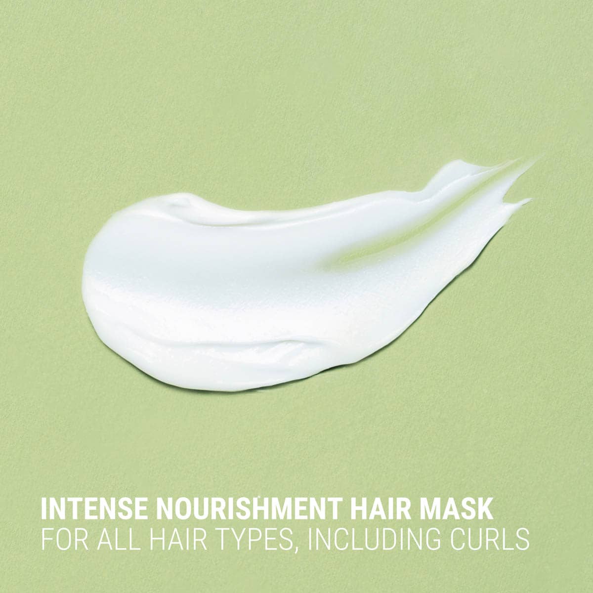 White hair mask on a green background with text about hair mask for all hair types.