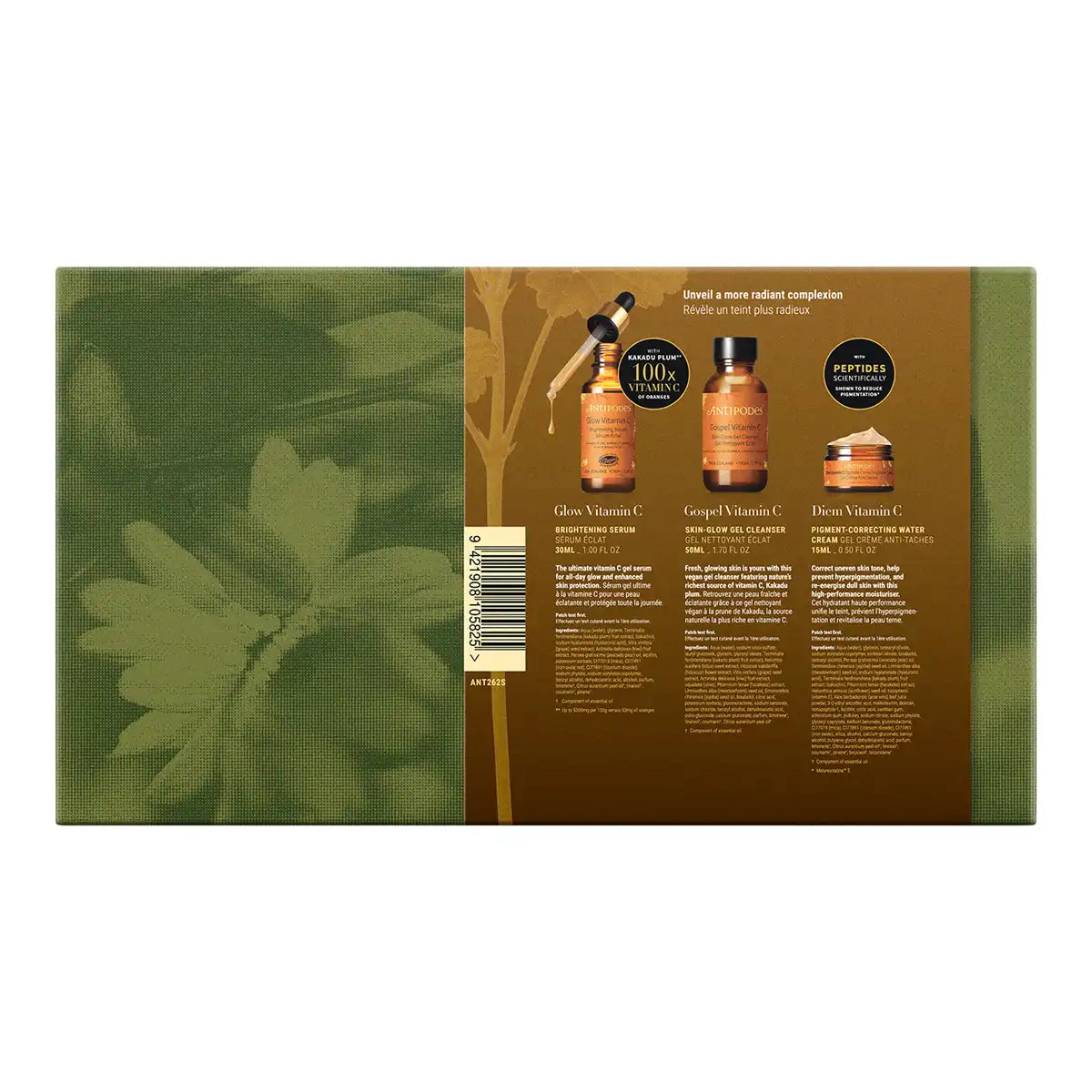 The back of a skincare gift set box, showing three individual products, along with product descriptions and barcode details.