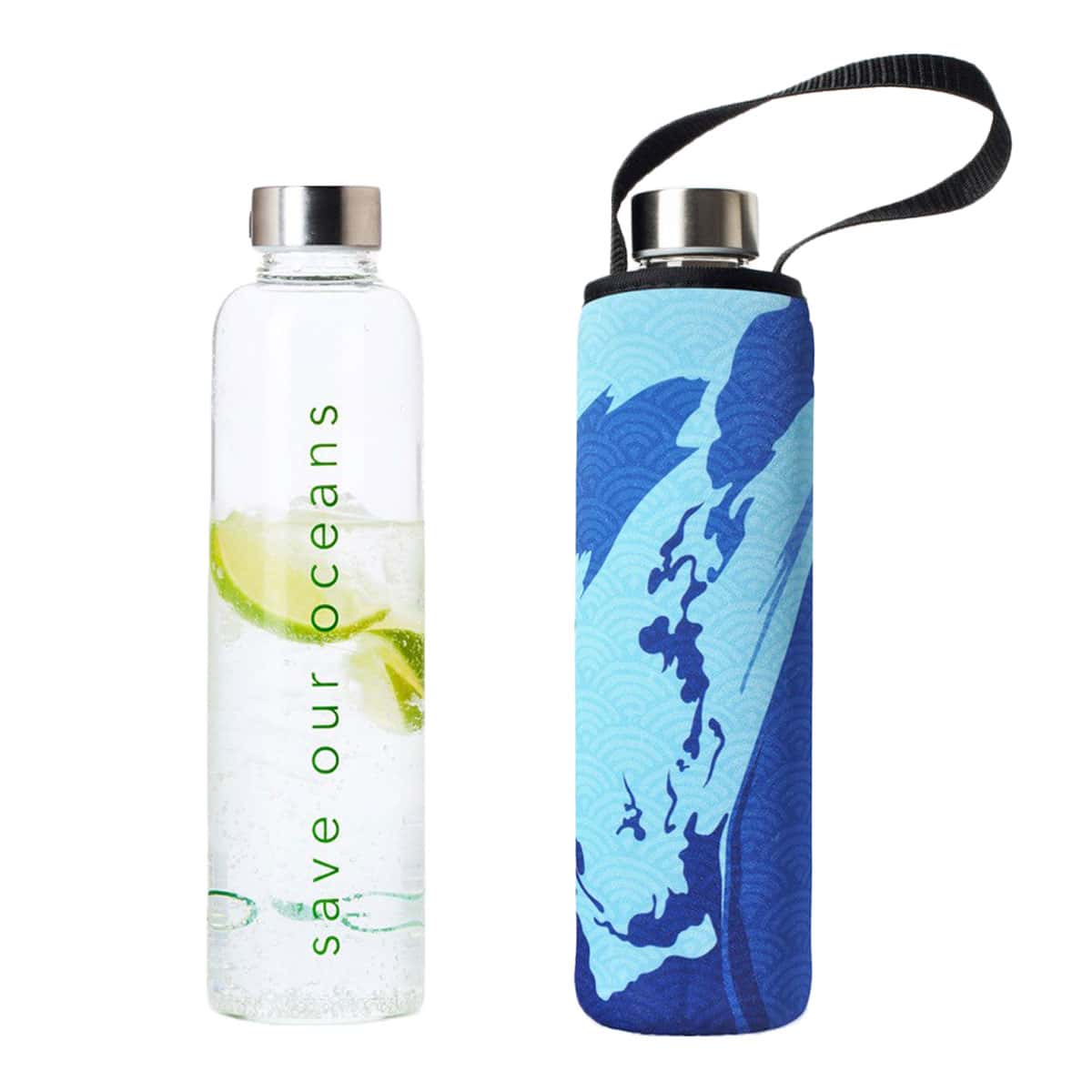 Two water bottles, one with a floral design and 'save our oceans' text, the other with a blue abstract design.