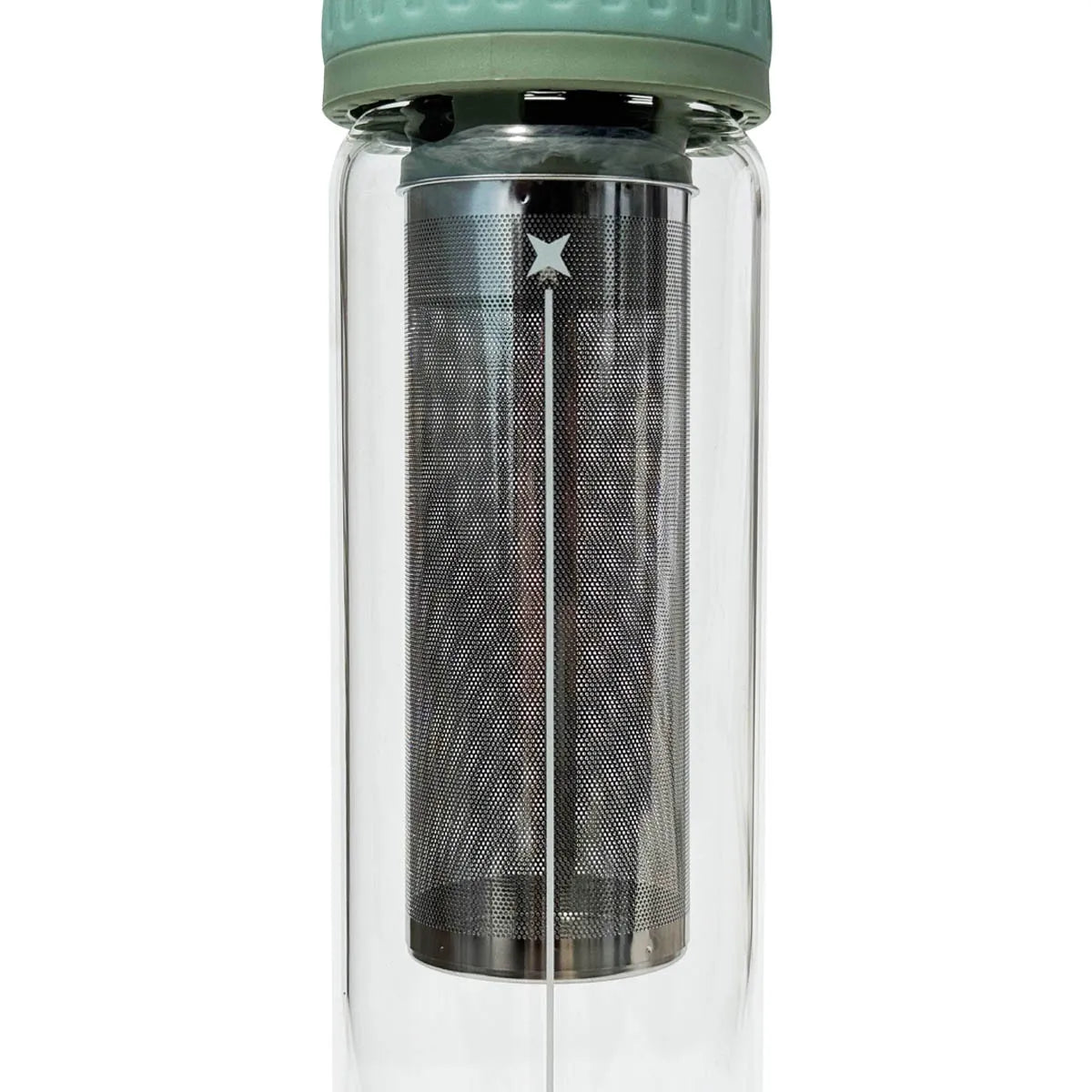 A clear double-walled glass water bottle with a mint green screw-top lid and a stainless steel mesh infuser inside, shown on a white background.