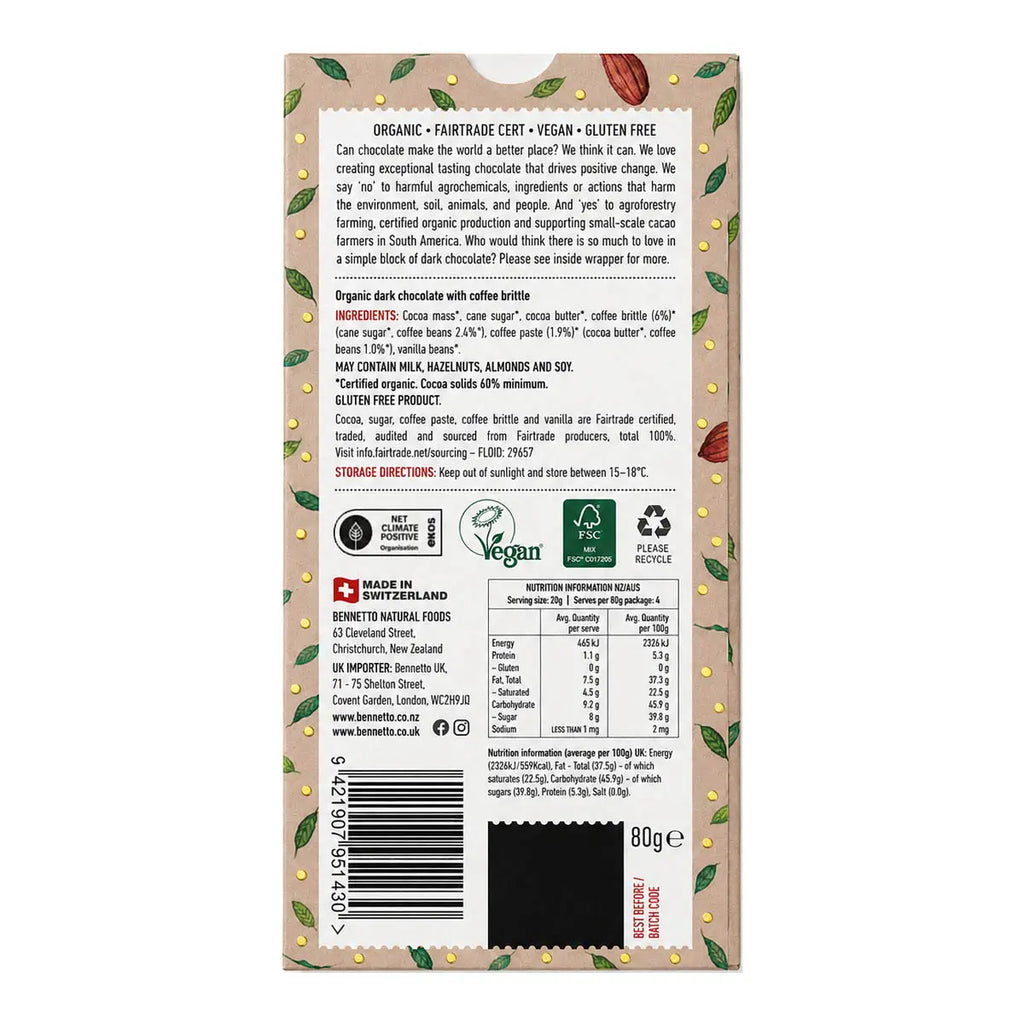 The back of a Bennetto Dark Coffee chocolate bar packaging, showing product details, ingredients, nutritional information, and certifications on a light beige background with botanical illustrations.