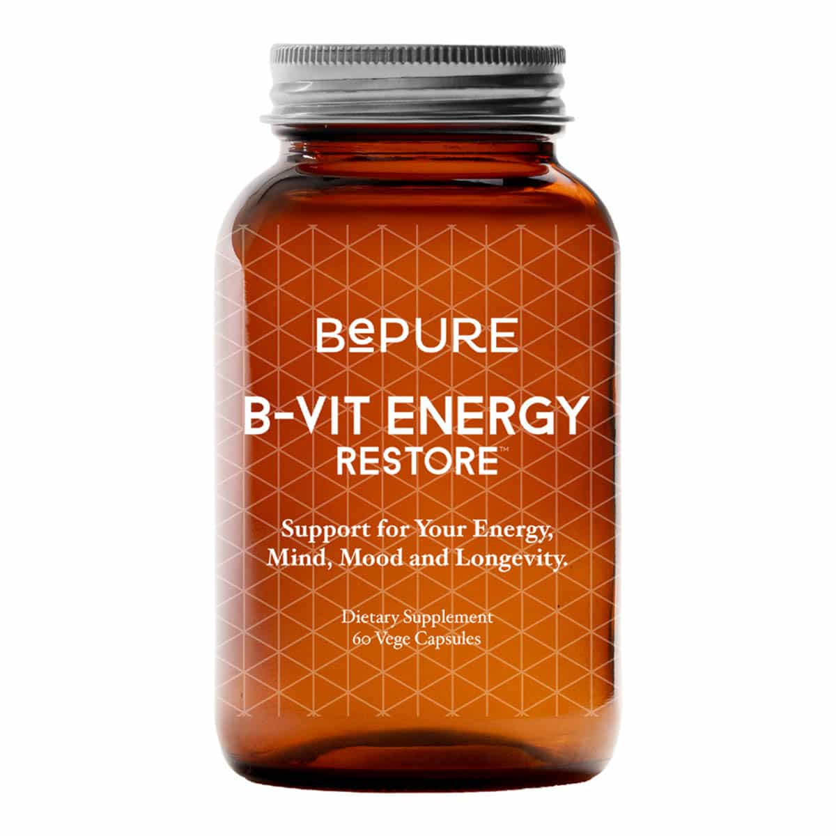 Brown supplement bottle labeled 'Bepure B-Vit Energy Restore' with 60 vege capsules on a white background
