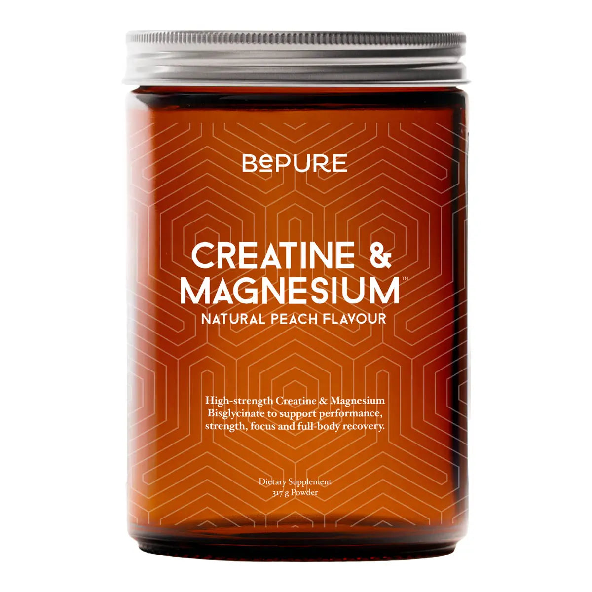 Supplement container labeled 'Bepure Creatine & Magnesium' with peach flavor on a white background