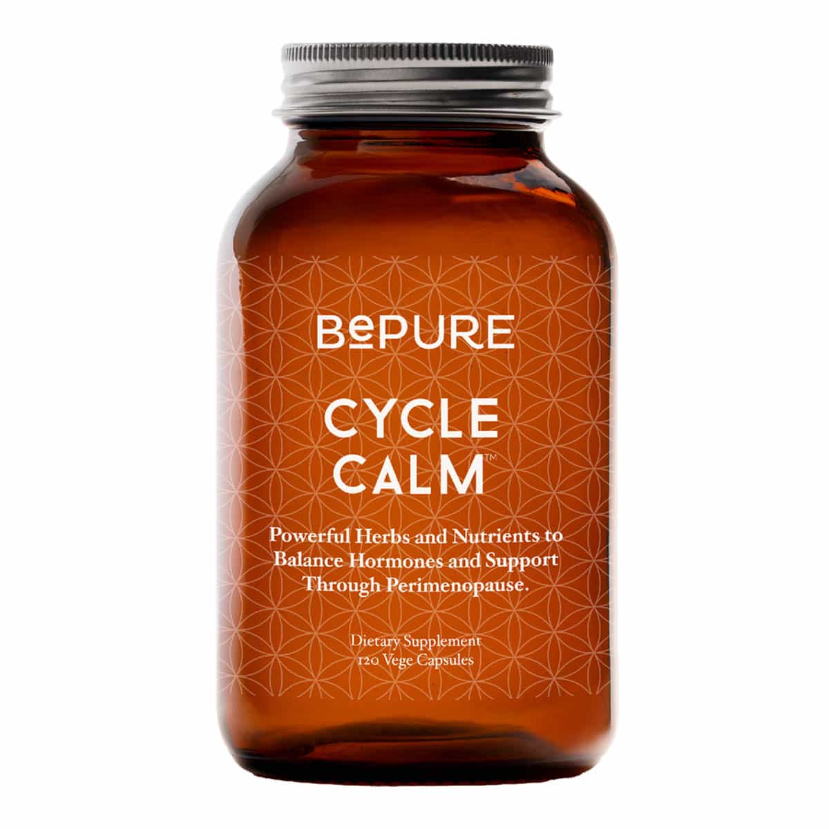 Brown supplement bottle labelled 'BePure Cycle Calm' 120 vege capsules on a white background.
