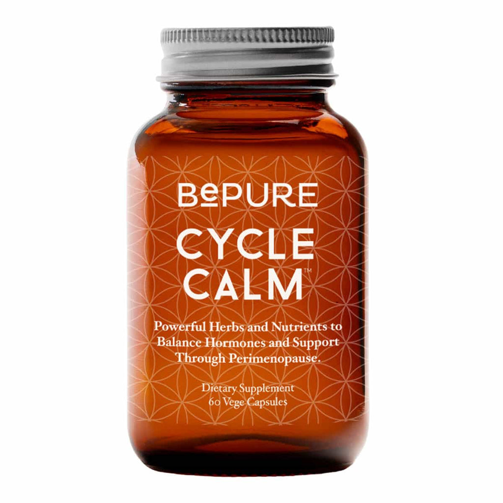 Brown supplement bottle labelled 'BePure Cycle Calm' 60 vege capsules on a white background.