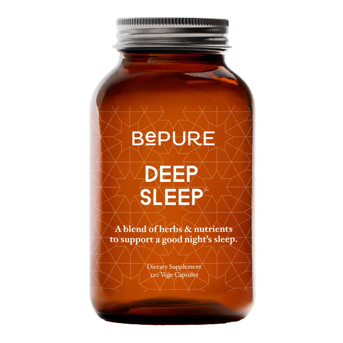 An amber glass bottle of BePure Deep Sleep supplement with a silver metal cap.