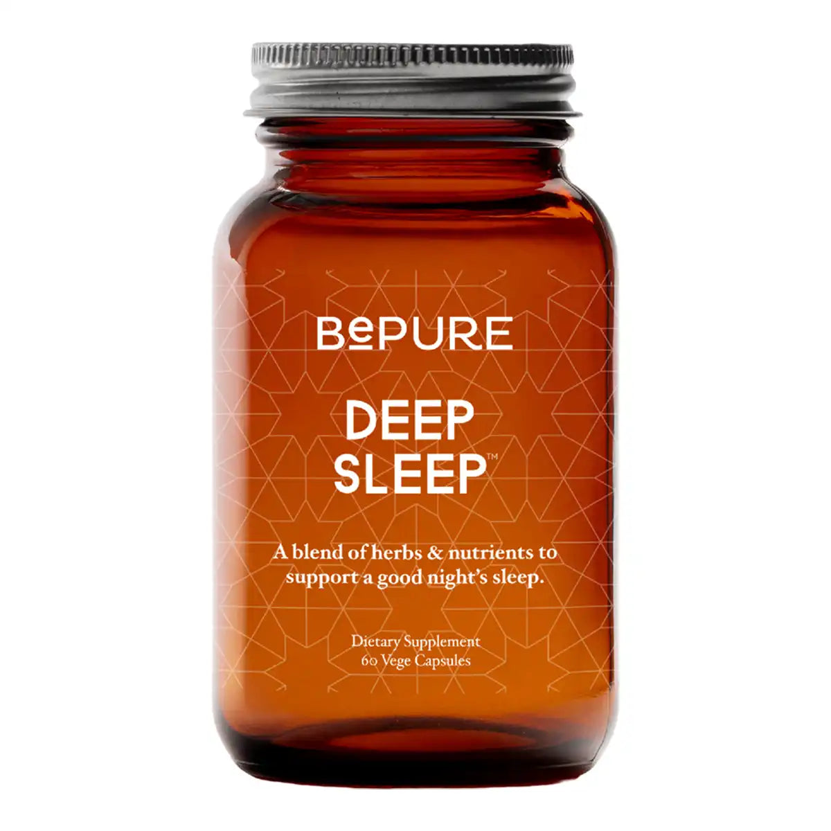 An amber glass bottle of BePure Deep Sleep supplement with a silver metal cap.