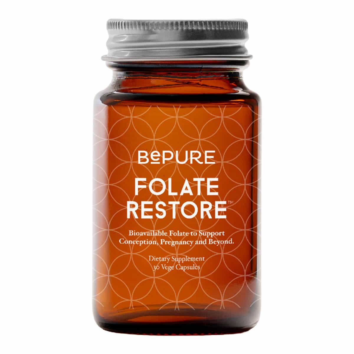 Bottle of BePure Folate Restore dietary supplement on a white background.