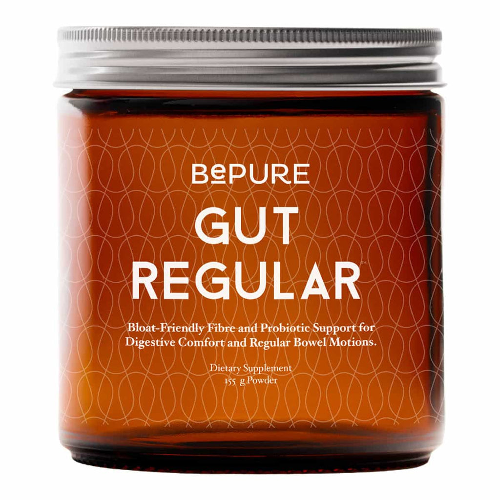 Jar of BePure Gut Regular supplement 155g powderon a white background