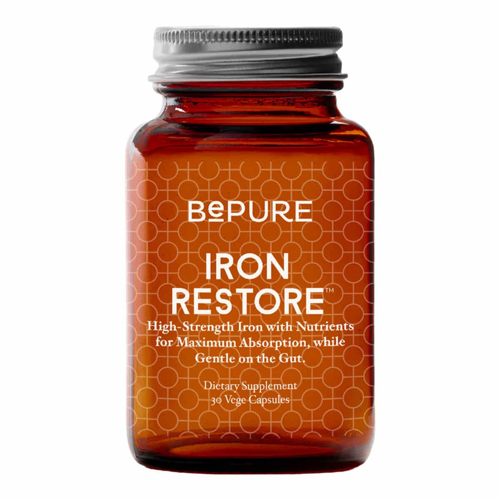 BePure Iron Restore supplement bottle on a white background.