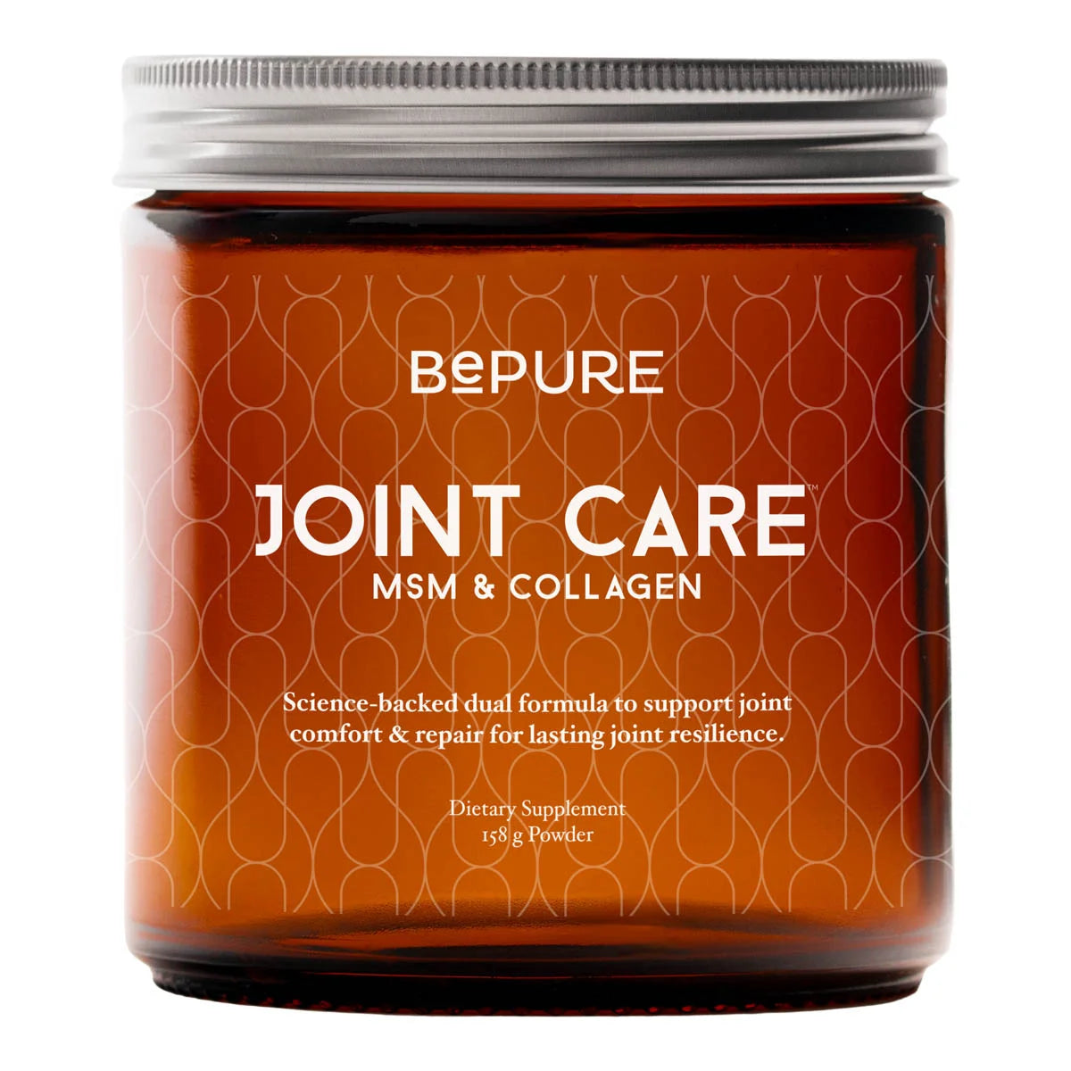 Brown glass jar of BePure Joint Care MSM & Collagen 158g powder with aluminium lid. 