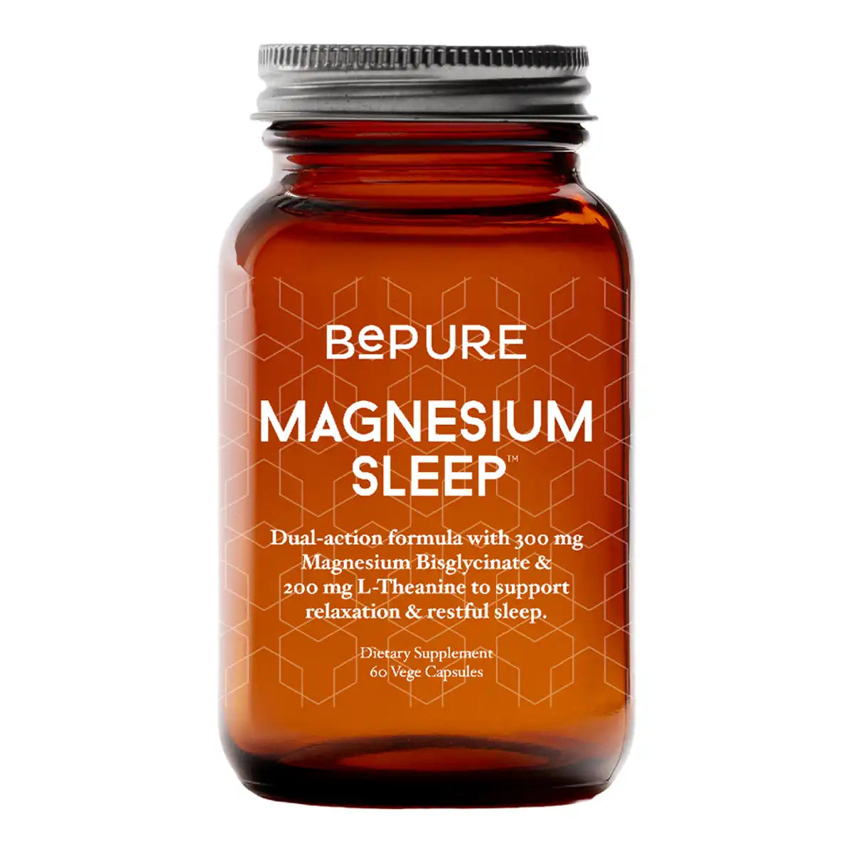 An amber glass bottle of BePure Magnesium Sleep dietary supplement with a silver metal screw cap.