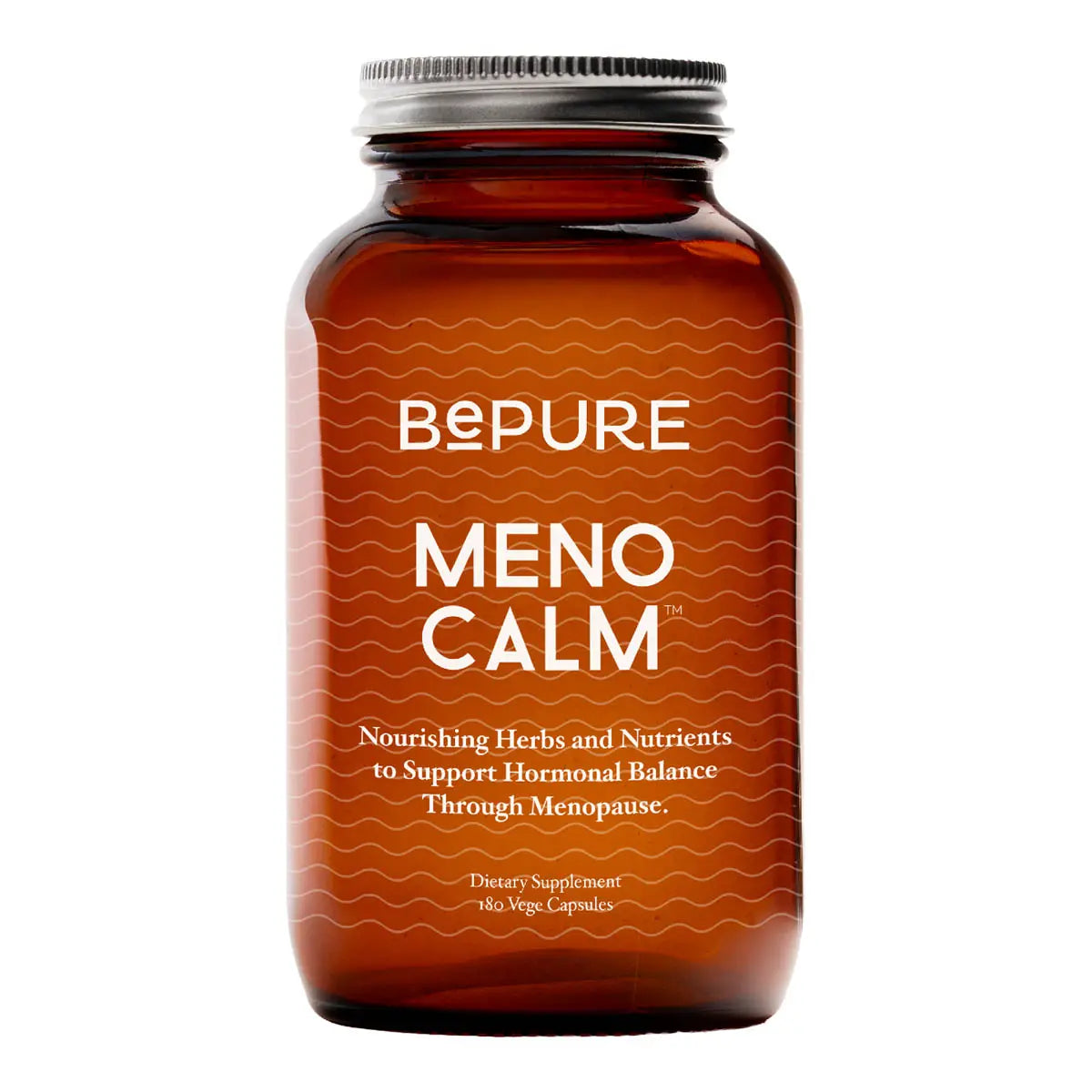 Brown supplement bottle labeled 'BePure Meno Calm' on a white background. 180 vege capsules.