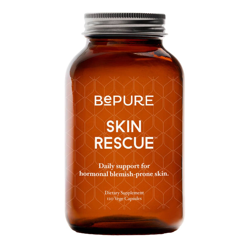 Brown supplement bottle labelled 'BePure Skin Rescue' 120 vege capsules on a white background.