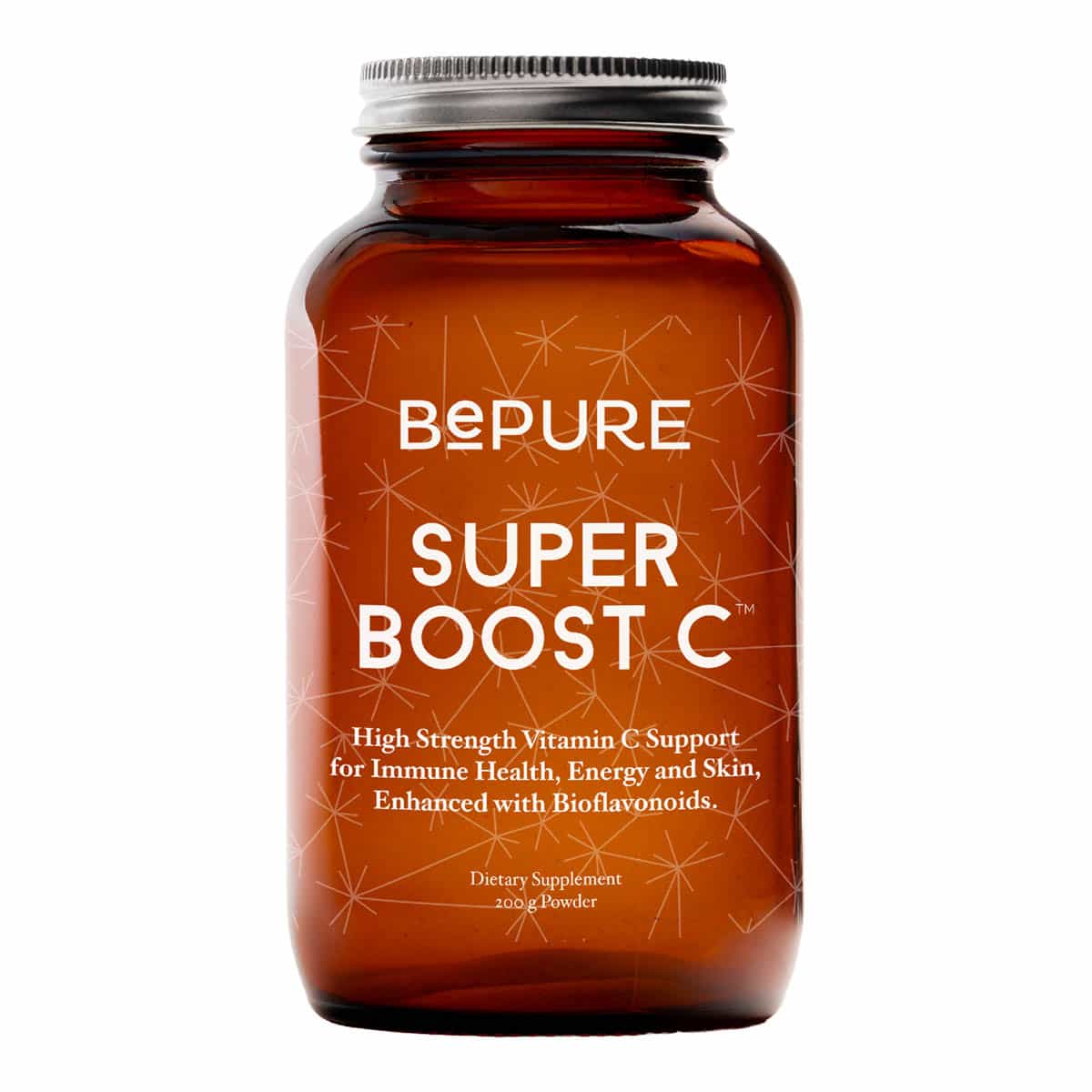 Brown supplement bottle labeled 'BePure Super Boost C' 200g on a white background