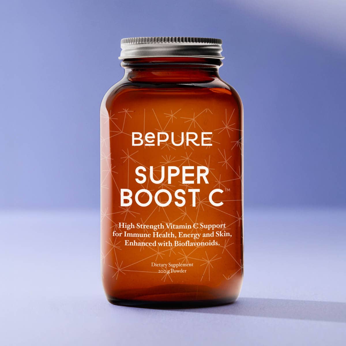 Bepure Super Boost C 200g supplement bottle on a gradient blue background