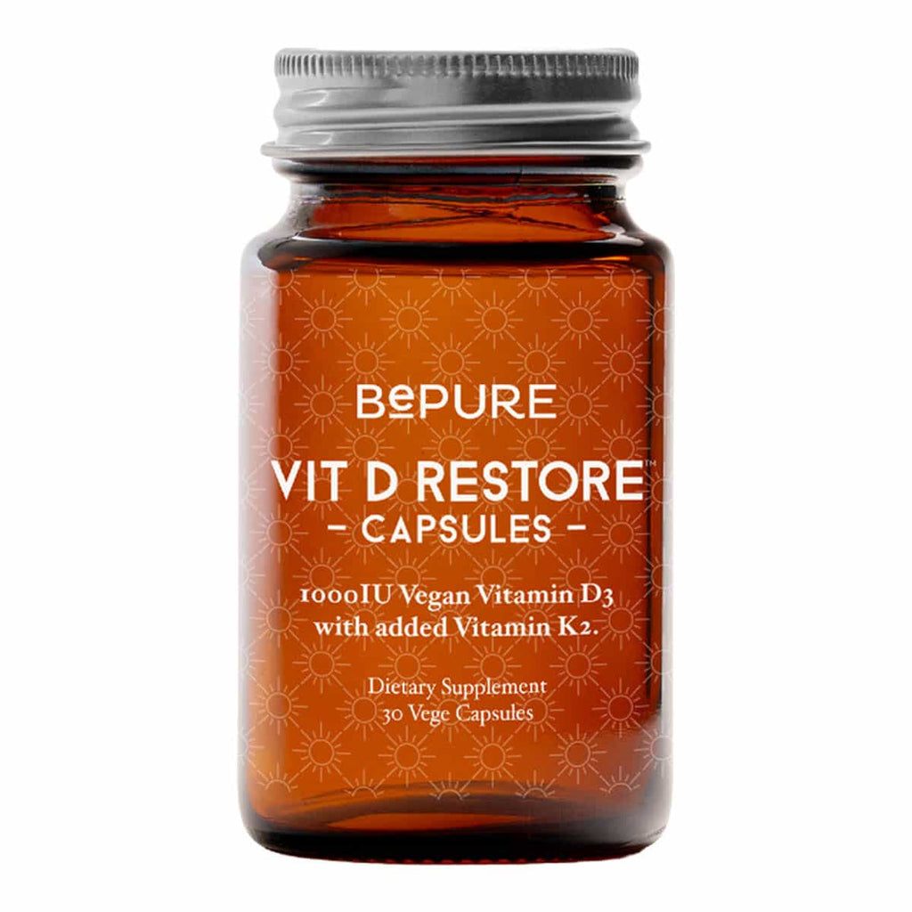 Bottle of Bepure Vit D Restore capsules on a white background