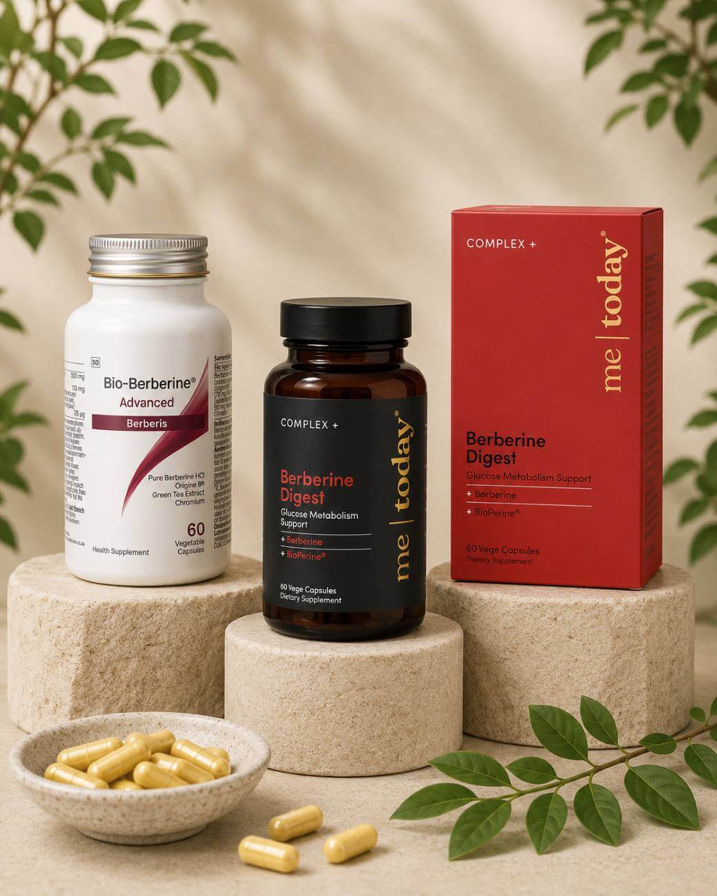 Supplement bottles and packaging on a neutral background with greenery