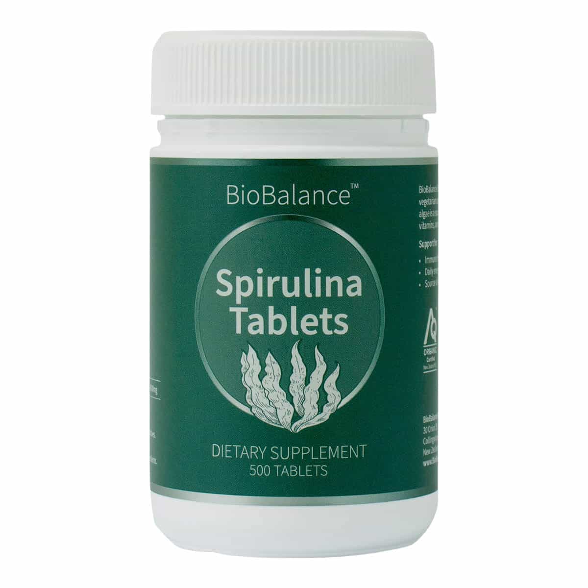 Bottle of BioBalance Spirulina Tablets on a white background. 500 Tablets.