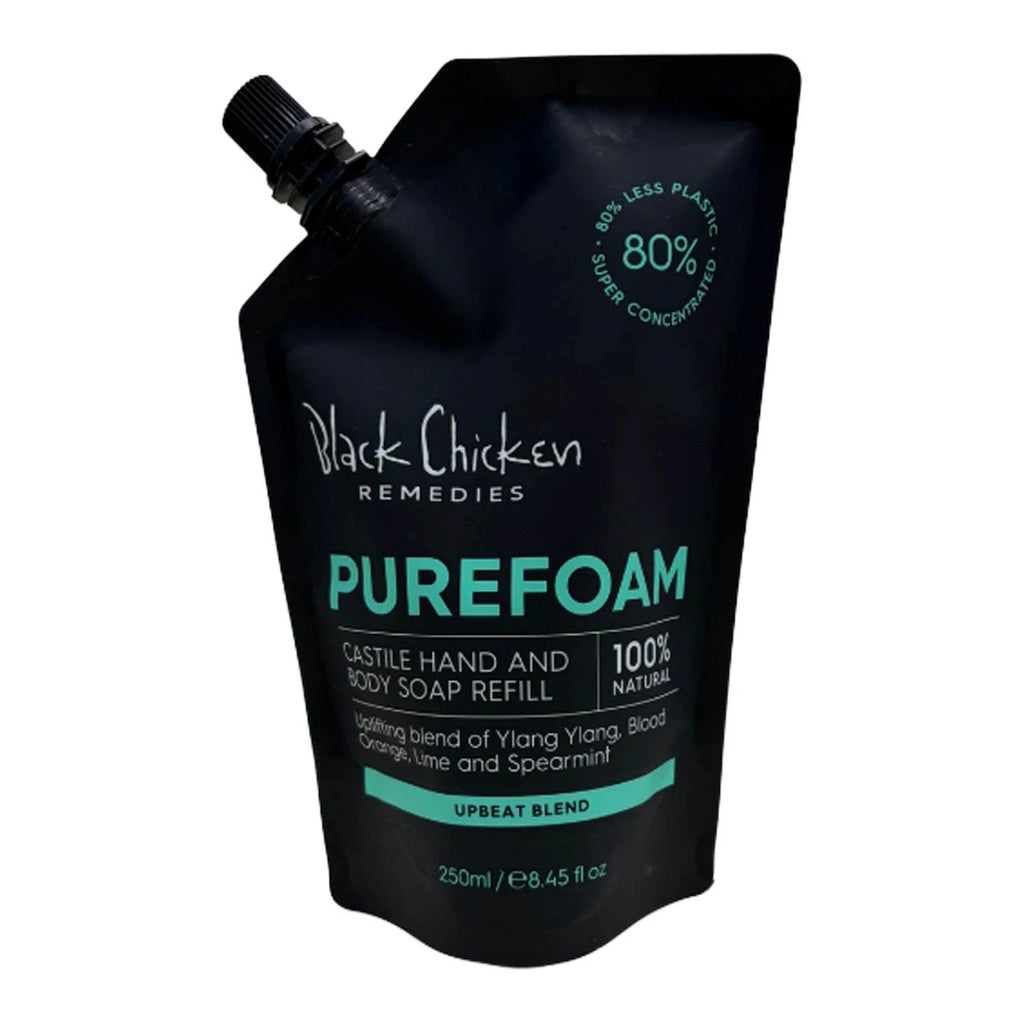 Black Chicken Remedies Purefoam Castile Hand and Body Soap Refill pouch in the Upbeat Blend, 250ml (8.45 fl oz) on a white background.